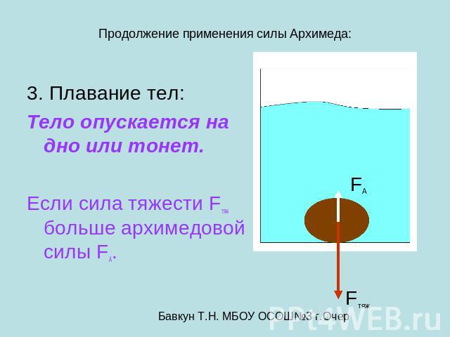 Продолжение применения силы Архимеда: 3. Плавание тел: Тело опускается на дно или тонет. Если сила тяжести Fтяж больше архимедовой силы FA.