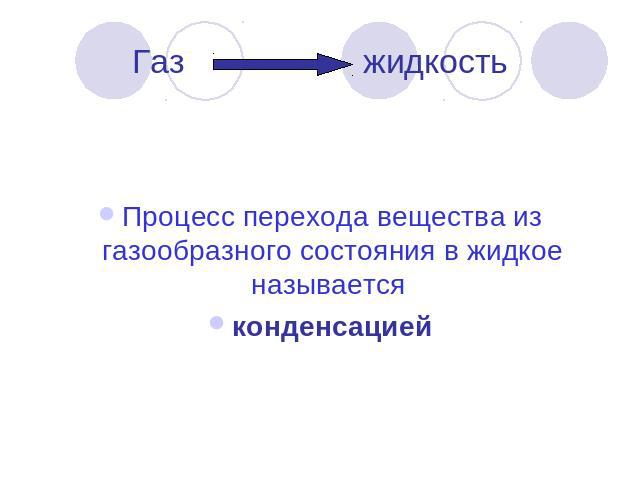 Газ жидкость Процесс перехода вещества из газообразного состояния в жидкое называется конденсацией