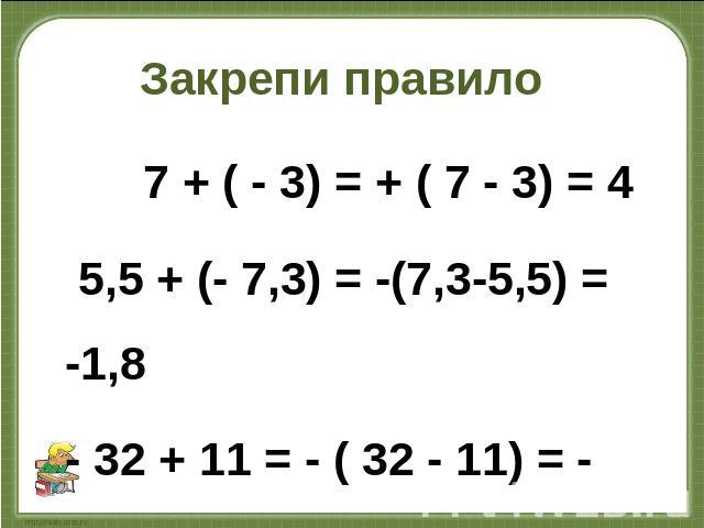 Закрепи правило 7 + ( - 3) = + ( 7 - 3) = 4 5,5 + (- 7,3) = -(7,3-5,5) = -1,8 - 32 + 11 = - ( 32 - 11) = - 21