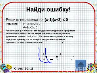 Найди ошибку! Решить неравенство (х-1)(х+2) ≤ 0 Решение: х²+2х+х+2 ≤ 0 х²+3х+2 ≤