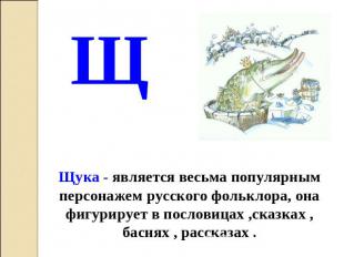 Щ Щука - является весьма популярным персонажем русского фольклора, она фигурируе