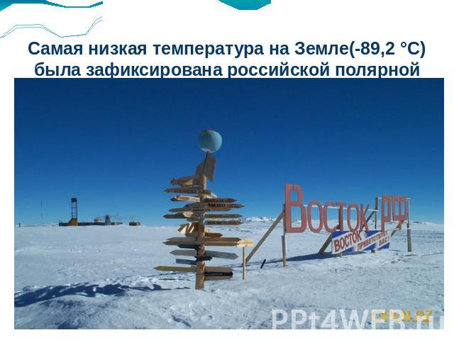 Самая низкая температура на Земле(-89,2 °С) была зафиксирована российской полярной станцией «Восток».