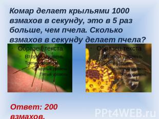Комар делает крыльями 1000 взмахов в секунду, это в 5 раз больше, чем пчела. Ско