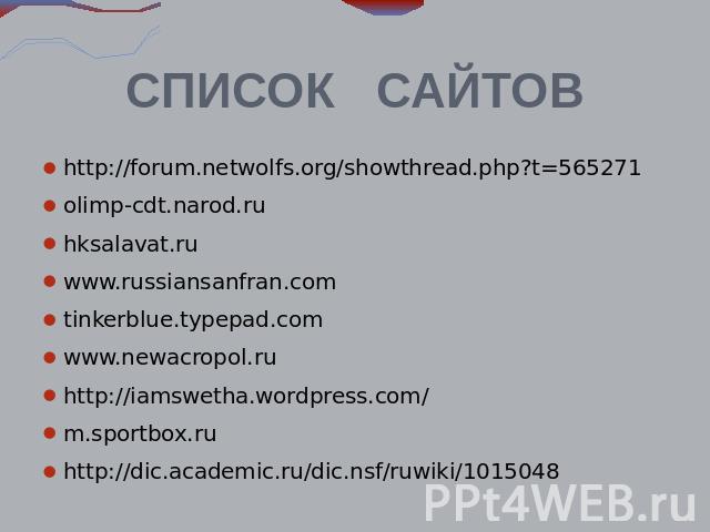 СПИСОК САЙТОВ http://forum.netwolfs.org/showthread.php?t=565271 olimp-cdt.narod.ru hksalavat.ru www.russiansanfran.com tinkerblue.typepad.com www.newacropol.ru http://iamswetha.wordpress.com/ m.sportbox.ru http://dic.academic.ru/dic.nsf/ruwiki/1015048