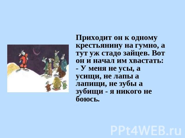 Приходит он к одному крестьянину на гумно, а тут уж стадо зайцев. Вот он и начал им хвастать:- У меня не усы, а усищи, не лапы а лапищи, не зубы а зубищи - я никого не боюсь.