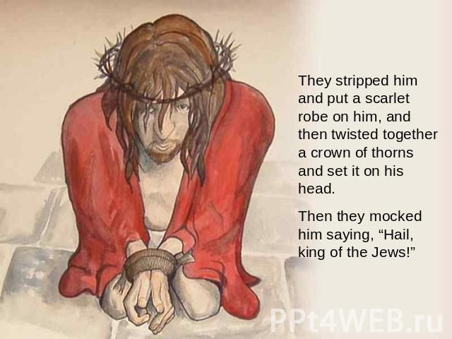 They stripped him and put a scarlet robe on him, and then twisted together a crown of thorns and set it on his head. Then they mocked him saying, “Hail, king of the Jews!”