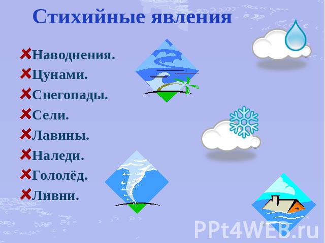 Стихийные явления Наводнения. Цунами. Снегопады. Сели. Лавины. Наледи. Гололёд. Ливни.