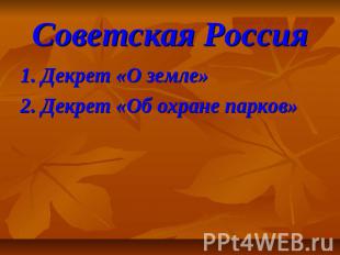 Советская Россия 1. Декрет «О земле» 2. Декрет «Об охране парков»