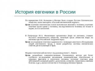 История евгеники в России По инициативе Н.К. Кольцова в Москве было создано Русс