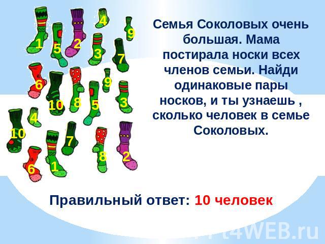 Семья Соколовых очень большая. Мама постирала носки всех членов семьи. Найди одинаковые пары носков, и ты узнаешь , сколько человек в семье Соколовых.