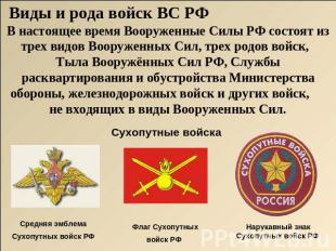 Виды и рода войск ВС РФ В настоящее время Вооруженные Силы РФ состоят из трех ви