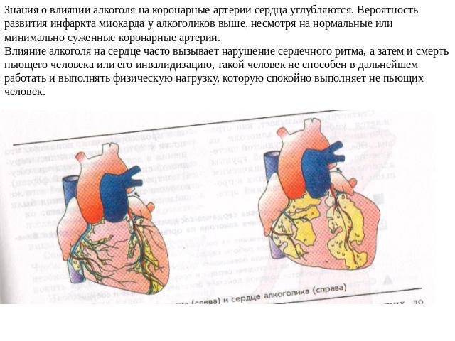 Знания о влиянии алкоголя на коронарные артерии сердца углубляются. Вероятность развития инфаркта миокарда у алкоголиков выше, несмотря на нормальные или минимально суженные коронарные артерии. Влияние алкоголя на сердце часто вызывает нарушение сер…