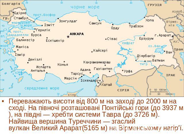 Переважають висоти від 800 м на заході до 2000 м на сході. На півночі розташовані Понтійські гори (до 3937 м), на півдні — хребти системи Тавра (до 3726 м). Найвища вершина Туреччини — згаслий вулкан Великий Арарат(5165 м) на Вірменському нагір'ї. 