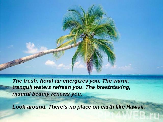 The fresh, floral air energizes you. The warm, tranquil waters refresh you. The breathtaking, natural beauty renews you.Look around. There’s no place on earth like Hawaii.