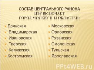 Состав центрального районаЦЭР включает город Москву и 12 областей: Брянская Влад