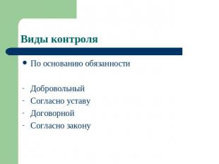 Виды контроля По основанию обязанности Добровольный Согласно уставу Договорной С