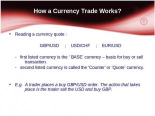 How a Currency Trade Works? Reading a currency quote : GBP/USD; USD/CHF; EUR/USD