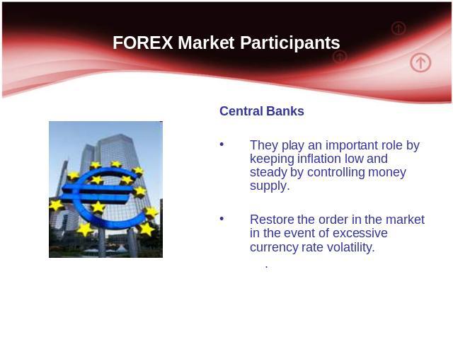 FOREX Market Participants Central Banks They play an important role by keeping inflation low and steady by controlling money supply. Restore the order in the market in the event of excessive currency rate volatility. .