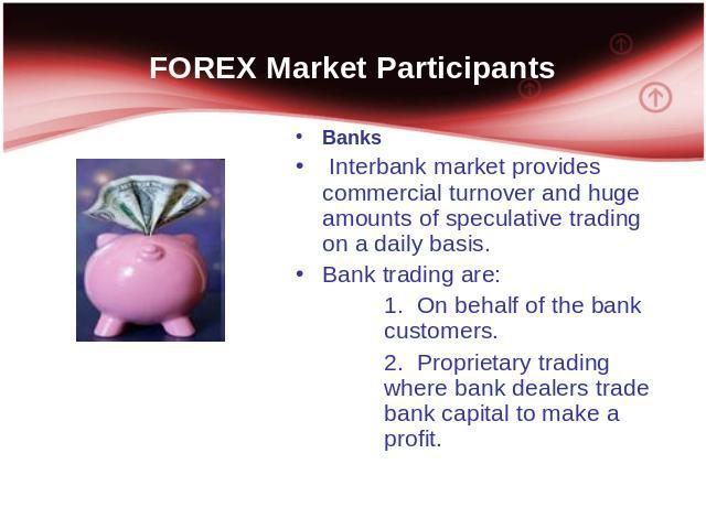 FOREX Market Participants Banks Interbank market provides commercial turnover and huge amounts of speculative trading on a daily basis. Bank trading are: 1. On behalf of the bank customers. 2. Proprietary trading where bank dealers trade bank capita…