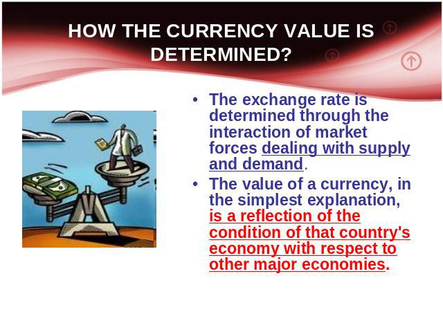 HOW THE CURRENCY VALUE IS DETERMINED? The exchange rate is determined through the interaction of market forces dealing with supply and demand. The value of a currency, in the simplest explanation, is a reflection of the condition of that country's e…