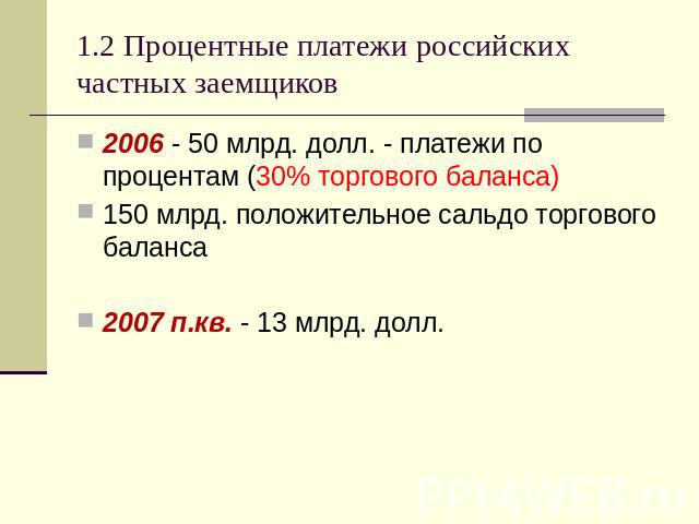 1.2 Процентные платежи российских частных заемщиков 2006 - 50 млрд. долл. - платежи по процентам (30% торгового баланса) 150 млрд. положительное сальдо торгового баланса 2007 п.кв. - 13 млрд. долл.