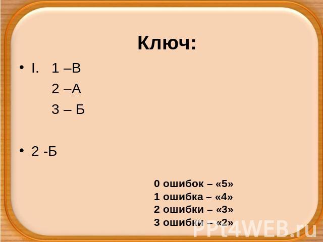 Ключ: I. 1 –В 2 –А 3 – Б 2 -Б