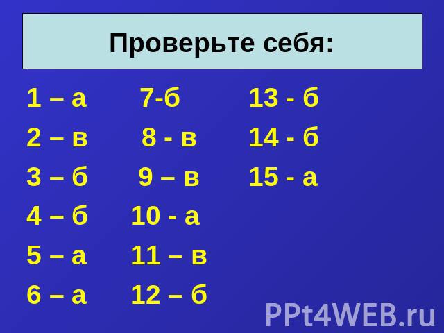 Проверьте себя: 1 – а 7-б 13 - б 2 – в 8 - в 14 - б 3 – б 9 – в 15 - а 4 – б 10 - а 5 – а 11 – в 6 – а 12 – б