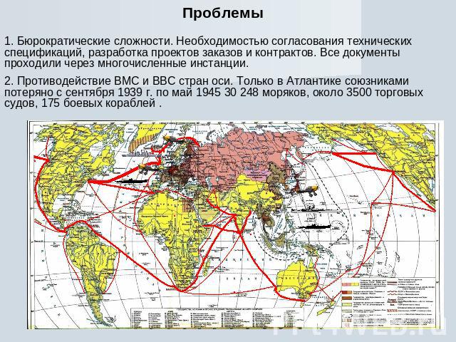 Проблемы 1. Бюрократические сложности. Необходимостью согласования технических спецификаций, разработка проектов заказов и контрактов. Все документы проходили через многочисленные инстанции. 2. Противодействие ВМС и ВВС стран оси. Только в Атлантике…