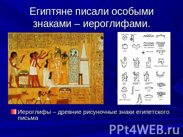 Египтяне писали особыми знаками – иероглифами. Иероглифы – древние рисуночные знаки египетского письма