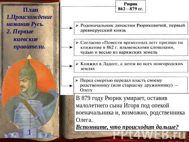 План 1.Происхождение названия Русь. 2. Первые киевские правители. В 879 году Рюрик умирает, оставив малолетнего сына Игоря под опекой военачальника и, возможно, родственника Олега. Вспомните, что происходит дальше?
