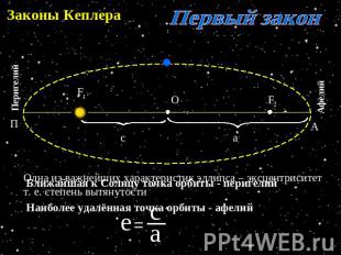 Законы Кеплера Первый закон Одна из важнейших характеристик эллипса – эксцентрис