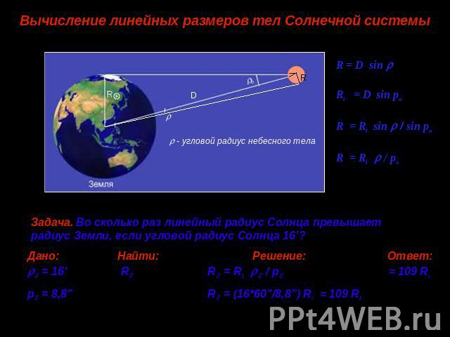 Вычисление линейных размеров тел Солнечной системы R = D sin R⊕ = D sin po R = R⊕ sin / sin po R = R⊕ / po Задача. Во сколько раз линейный радиус Солнца превышает радиус Земли, если угловой радиус Солнца 16’? Дано: Найти: Решение: Ответ: = 16’ R R =…