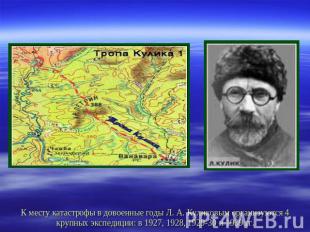 К месту катастрофы в довоенные годы Л. А. Куликовым организуются 4 крупных экспе