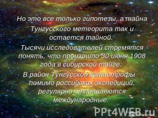 Но это все только гипотезы, а тайна Тунгусского метеорита так и остается тайной.