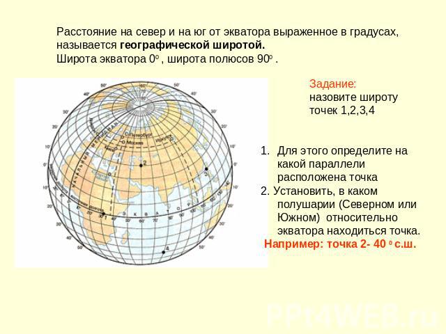 Расстояние на север и на юг от экватора выраженное в градусах, называется географической широтой. Широта экватора 00 , широта полюсов 900 . Задание: назовите широту точек 1,2,3,4 Для этого определите на какой параллели расположена точка 2. Установит…