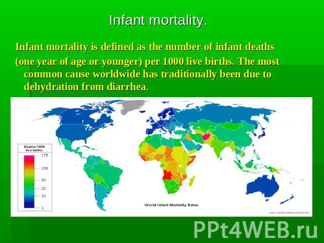 Infant mortality Infant mortality is defined as the number of infant deaths (one year of age or younger) per 1000 live births. The most common cause worldwide has traditionally been due to dehydration from diarrhea.