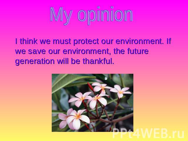 My opinion I think we must protect our environment. If we save our environment, the future generation will be thankful.