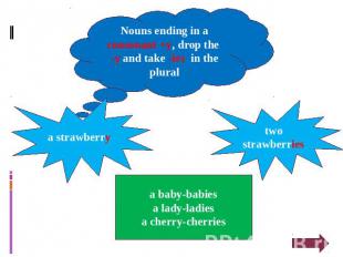 Nouns ending in a consonant +y, drop the -y and take -ies in the plural a strawb