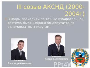 III созыв АКСНД (2000-2004г) Выборы проходили по той же избирательной системе, б