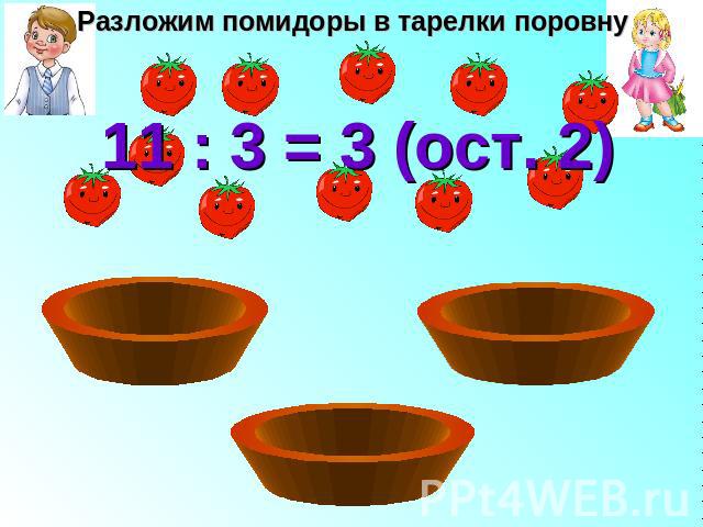 Разложим помидоры в тарелки поровну 11 : 3 = 3 (ост. 2)