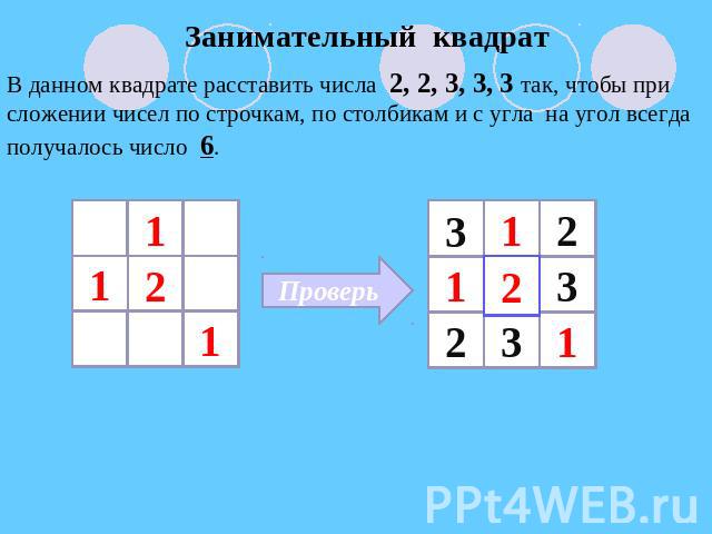 Занимательный квадрат В данном квадрате расставить числа 2, 2, 3, 3, 3 так, чтобы при сложении чисел по строчкам, по столбикам и с угла на угол всегда получалось число 6.