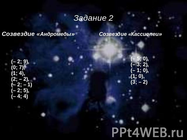 Задание 2 Созвездие «Андромеды»  (– 2; 9), (0; 7), (1; 4), (2; – 2), (– 2; – 1)(– 2; 5), (– 4; 4) Созвездие «Кассиопеи»  (– 5; 0), (– 3; 2), (– 1; 0), (1; 0), (3; – 2)