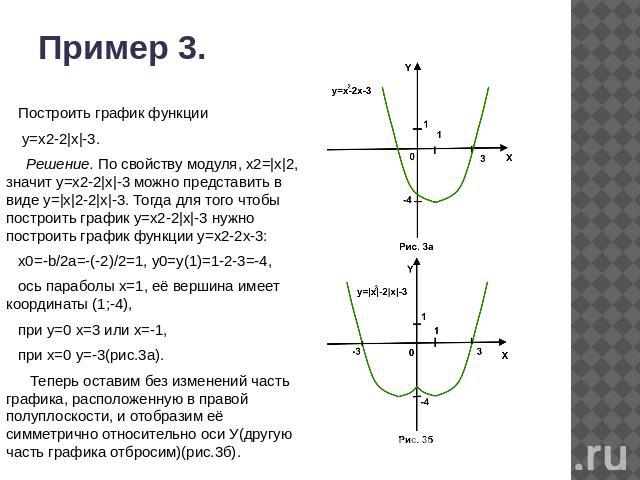 Пример 3. Построить график функции у=х2-2|х|-3. Решение. По свойству модуля, х2=|х|2, значит у=х2-2|х|-3 можно представить в виде у=|х|2-2|х|-3. Тогда для того чтобы построить график у=х2-2|х|-3 нужно построить график функции у=х2-2х-3:х0=-b/2a=-(-2…