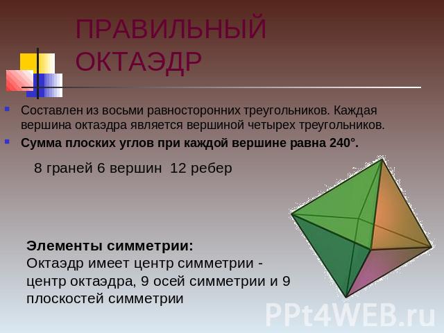 ПРАВИЛЬНЫЙ ОКТАЭДР Составлен из восьми равносторонних треугольников. Каждая вершина октаэдра является вершиной четырех треугольников.Сумма плоских углов при каждой вершине равна 240°. 8 граней 6 вершин 12 ребер Элементы симметрии: Октаэдр имеет цент…