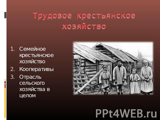 Трудовое крестьянское хозяйство Семейное крестьянское хозяйствоКооперативыОтрасль сельского хозяйства в целом