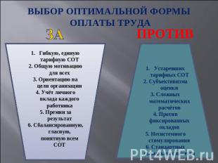 ВЫБОР ОПТИМАЛЬНОЙ ФОРМЫ ОПЛАТЫ ТРУДАЗАГибкую, единую тарифную СОТ2. Общую мотива