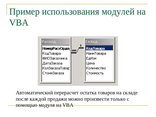 Пример использования модулей на VBA Автоматический перерасчет остатка товаров на складе после каждой продажи можно произвести только с помощью модуля на VBA