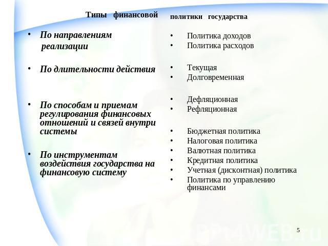 Типы финансовойПо направлениям реализации По длительности действияПо способам и приемам регулирования финансовых отношений и связей внутри системыПо инструментам воздействия государства на финансовую систему политики государстваПолитика доходовПолит…