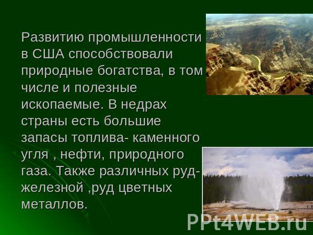 Развитию промышленности в США способствовали природные богатства, в том числе и полезные ископаемые. В недрах страны есть большие запасы топлива- каменного угля , нефти, природного газа. Также различных руд- железной ,руд цветных металлов.