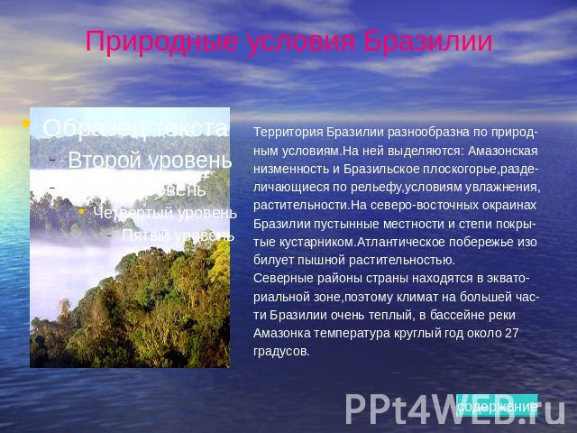 Природные условия Бразилии Территория Бразилии разнообразна по природ-ным условиям.На ней выделяются: Амазонскаянизменность и Бразильское плоскогорье,разде-личающиеся по рельефу,условиям увлажнения,растительности.На северо-восточных окраинахБразилии…